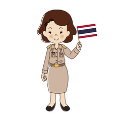 Thai female government officer is holding Thai flag.
