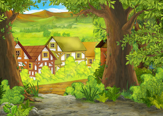 cartoon summer scene with path to the farm village - nobody on the scene - illustration for children