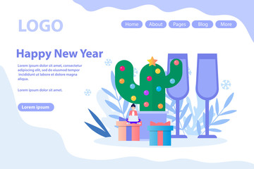 Naklejka premium New Year celebrating, Christmas greeting, decorated cactus.Flat vector illustration isolated on white background. Can use for web banner, infographics, web page.