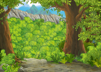cartoon summer scene with meadow in the forest illustration for children