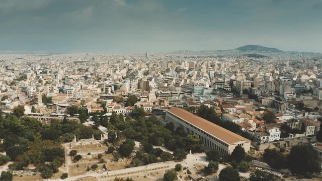 Aerial view of the Stoa of Attalos museum and Ancient Agora of Athens, a central public space in ancient Greek city, Greece