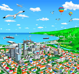 Seaside town and traffic and seagull, balloon and blue sky by 3d rendering