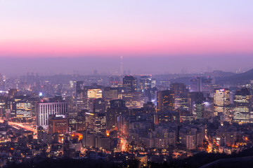 Fototapeta na wymiar Sunrise View of Seoul with Lotte World Mall South Korea.