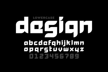 Modern style lowercase font design, alphabet letters and numbers
