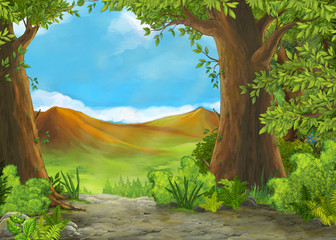cartoon summer scene with meadow valley - nobody on scene - illustration for children