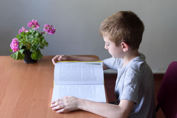 Fototapeta na wymiar Schoolboy reading a book with interest. Home interior
