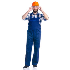 Man worker builder with helmet and protective glasses