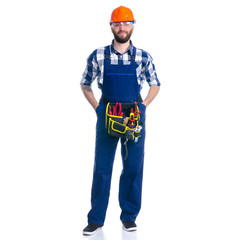 Man worker builder with helmet and protective glasses, tool belt on white background isolation