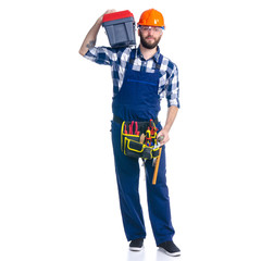 Man worker builder with helmet and protective glasses, tool box, tool belt on white background isolation