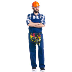 Man worker builder with helmet and protective glasses, tool belt on white background isolation