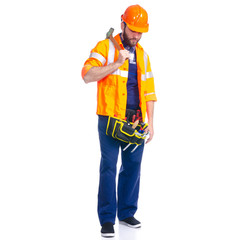 Man worker builder with helmet and tool belt on white background isolation