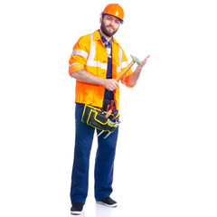 Man worker builder with helmet and tool belt on white background isolation