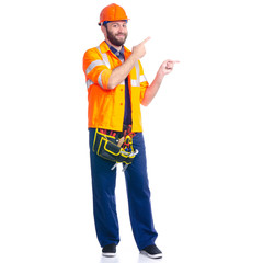 Man worker builder with helmet and tool belt on white background isolation