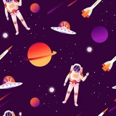 Space design seamless background. Astronaut explores the universe. Planets, rocket and asteroids. Cartoon vector illustration.