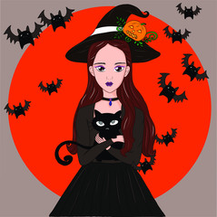 Woman on halloween Is a beautiful witch with a pet, a black cat and a black bat.