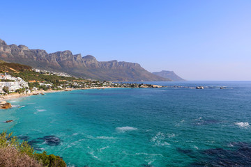 Beautiful Camps Bay beach, Cape Peninsula, Cape Town, over looking the blue Atlantic ocean