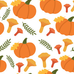 Autumn seamless pattern. Oak leaves, pumpkin and mushrooms.