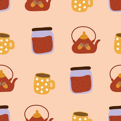 Tea party seamless pattern. Teapot, cups and jars of jam.