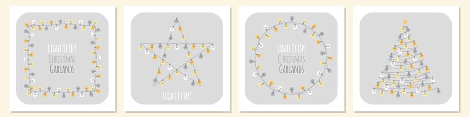 Set of cute vintage Christmas designs with hand drawn light bulb garlands backround