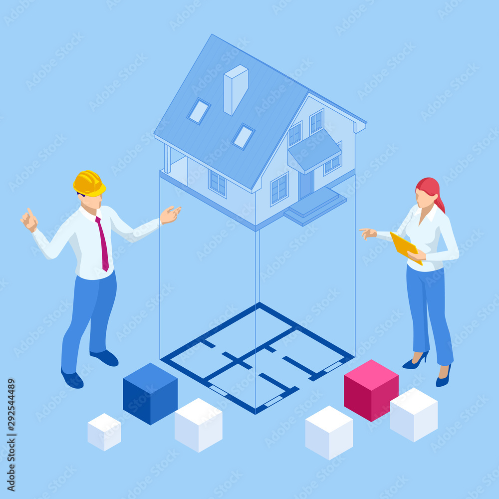 Wall mural isometric architect builders studying layout plan of the house, a civils engineers working with docu