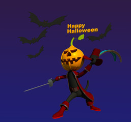 Halloween puss in boots 3D illustration 2. Black cat character with pumpkin lantern head holding sword and hat, dark purple background. Collection.