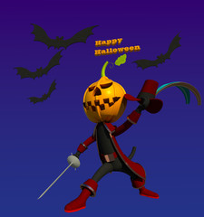Halloween puss in boots 3D illustration 1. Black cat character with pumpkin lantern head holding sword and hat, dark blue background. Collection.