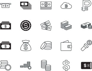 cash vector icon set such as: funds, bit, art, lots, earning, torch, heap, mining, single, shiny, digital, usd, bit-coin, rub, russian, abstract, perfect, work, rubl, big, jackpot, modern, silhouette
