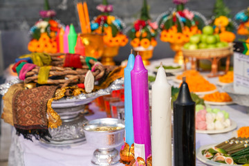 The Sacrifice objects set for the Thai filming project. They prepare in front of the spiritual...