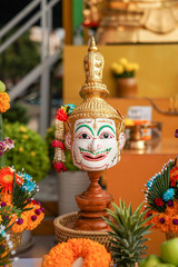 Fototapeta premium The Sacrifice objects set for the Thai filming project. They prepare in front of the spiritual landlord statue and asking for the successful project.