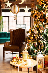  New year, apartment, house interior, holiday decoration 2019, lights, candles and Christmas tree