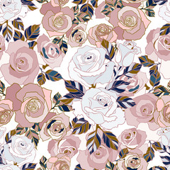 Blooming roses. Seamless colorful pattern with roses and leaves. The design is suitable for clothes, wallpaper, background.