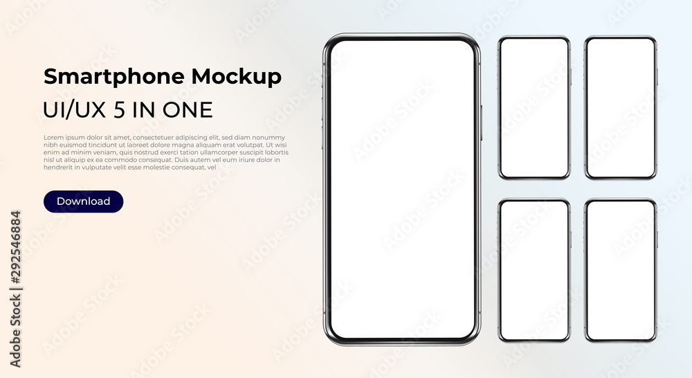 Wall mural five phones in a row realistic smartphone template mockup for user experience presentation. stylish 