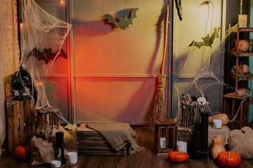 Obraz na płótnie Canvas halloween, party, photozone, location, pumpkin, skull, candles,