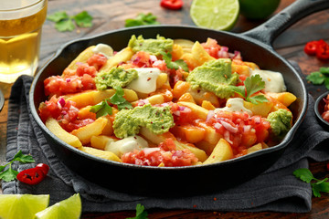 Fototapeta na wymiar Loaded potato nachos with melted cheddar cheese, sour cream, tomato salsa, chilli, guacamole and beer