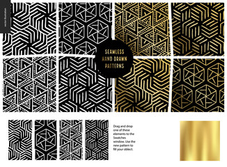 Hand drawn Patterns - a group set of eight abstract seamless patterns - black, gold and white. Geometrical lines and shapes. - black