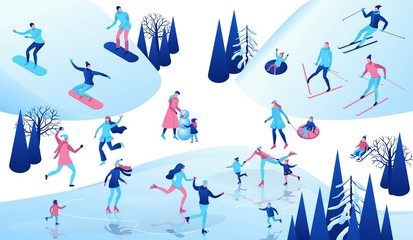 Winter isometric people set, 3d vector sport family ice skating, skiing, snowboarding, playing snowballs, simple skater, ski, tubing, riding at mountain, outdoor snow games, cartoon characters - 292552271