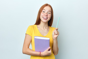 young attractive teacher giving recommendation to children. close up portrait, isolated white background, education, lifestyle