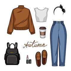 Color vector realistic illustration of women's clothing for school. Set of youth style of women's clothing and accessories isolated from white background. Clothing, shoes and accessories for the fall