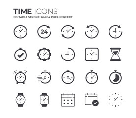Time and Clock Icons Set. Editable Stroke.