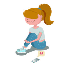 Young girl is upset because of getting a sad message. Heart-breaking message.	