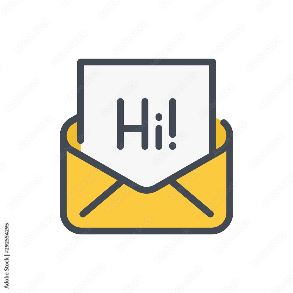Poster email with open envelope and hi text color line icon. read mail vector outline colorful sign.