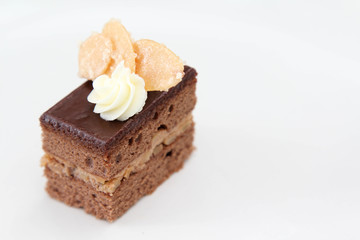 Delicious chocolate cake on white background.