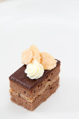 Delicious chocolate cake on white background.