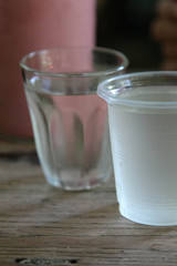 Cool drinking water in a clear plastic glass.