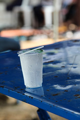 Cool drinking water in a clear plastic glass.