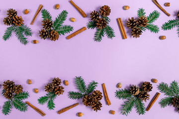 Winter composition. Frame made of fir tree branches, pine, acorn and cinnamon on violet background....