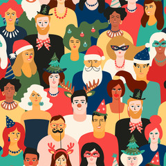 Christmas and Happy New Year seamless pattern with people in carnival costumes.