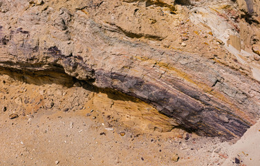 layers of soil and rock exposed by road building on in makhtesh ramon near Mitspe Ramon in Israel...