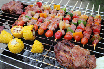 Barbeque Grill Street Food in thailand,Eat outdoors in a happy family.