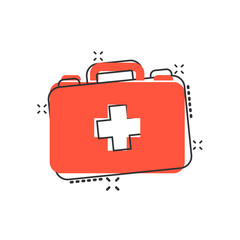 First aid kit icon in comic style. Health, help and medical diagnostics vector cartoon illustration on white isolated background. Doctor bag business concept splash effect.